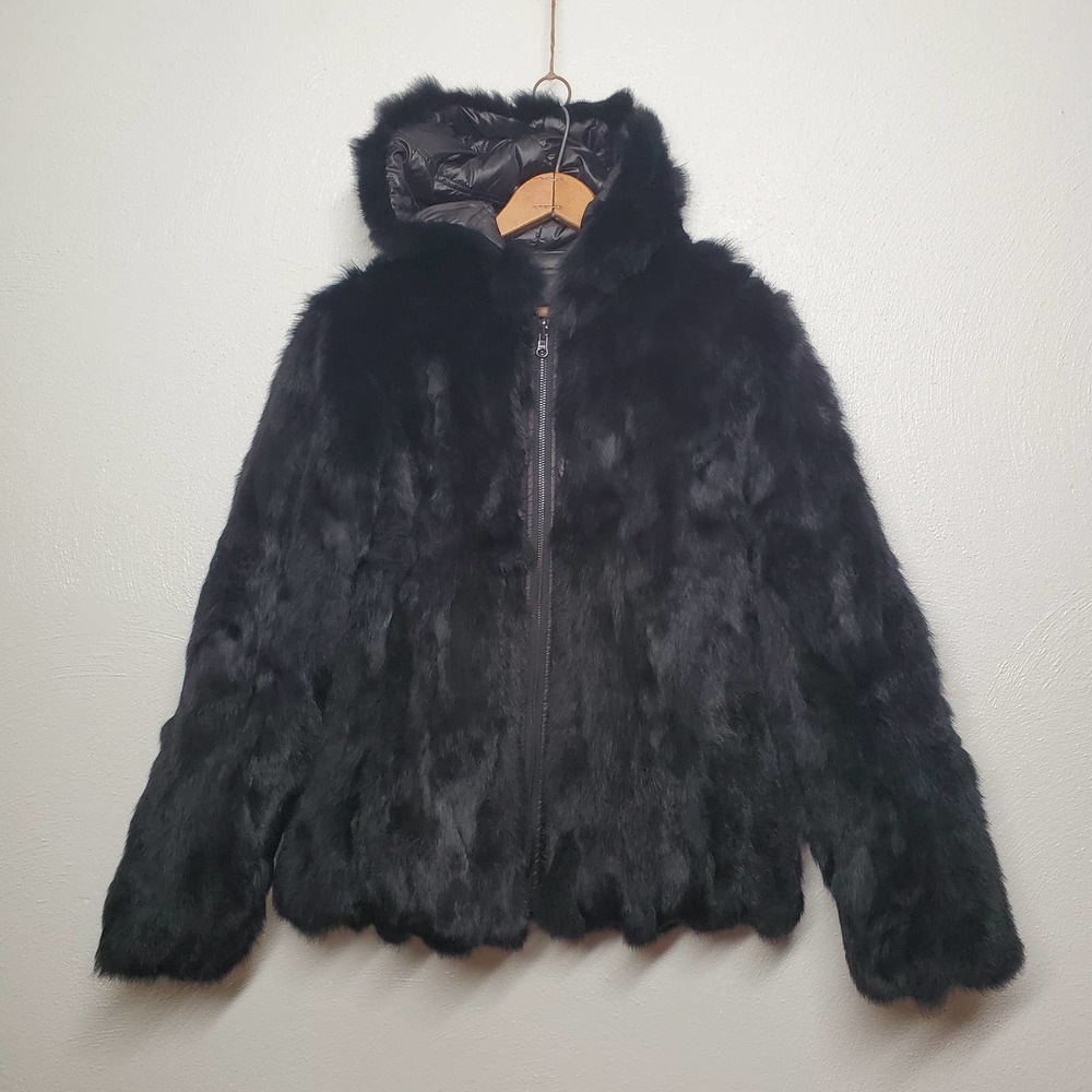 Adrienne Landau Reversible Rabbit Fur Zip Front Jacket Sz M